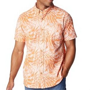 Men's Orange Tropical Vacation Short Sleeve Button Down Relaxed Shirt Size Large